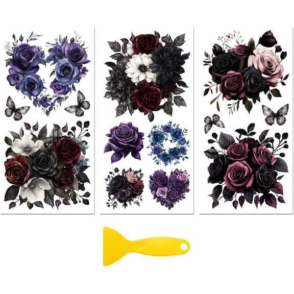 Rub on Transfer Decal Sticker for Furniture Craft Decor 6x12 Gothic Style Flowers 3Pcs Waterproof UV DTF Transfer for Drawer Dresser Glass Porcelain Wood Plastic Window