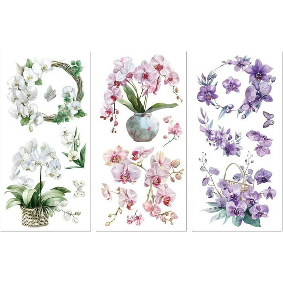 Rub on Transfer Decals for Furniture Crafts 6"x12" 3Pcs Orchid Waterproof UV DTF Transfer Decals Sticker for Dresser Lingerie Chests Drawer Glass Porcelain Wood DIY