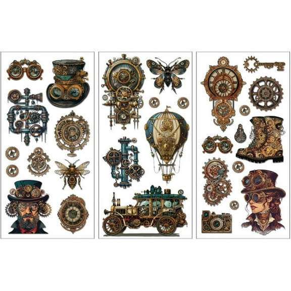 Rub on Transfer Decals for Furniture Crafts 6"x12" 3Pcs Steampunk Style Waterproof UV DTF Transfer Decals Sticker for Dresser Lingerie Chests Drawer Glass Porcelain Wood diy