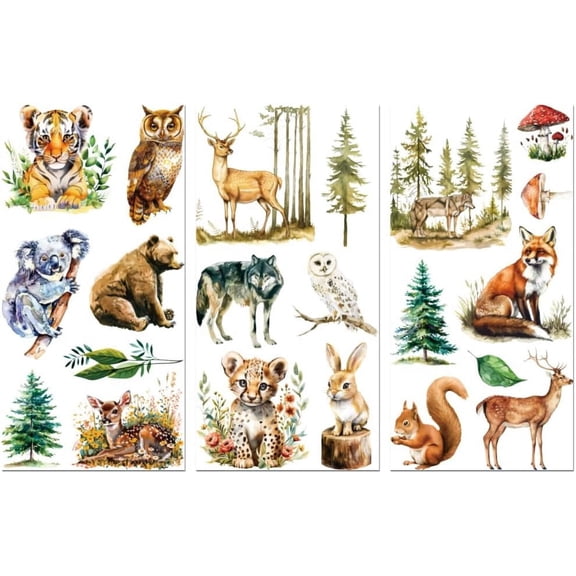 Rub on Transfer Decals for Furniture Crafts 6"x12" 3Pcs Waterproof UV Transfer Decals Sticker for Dresser Glass Porcelain Paper Wood Decor(Animals and Forest)
