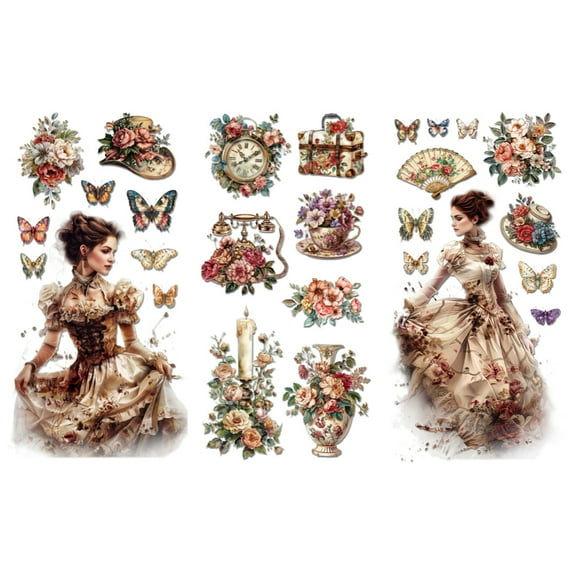 Rub on Transfer Decals for Furniture Crafts 6"x12" 3pcs Waterproof UV Transfer Decals Sticker for Dresser Glass Porcelain Paper Wood Cloth Decor(Vintage Victorian Lady) Plastic