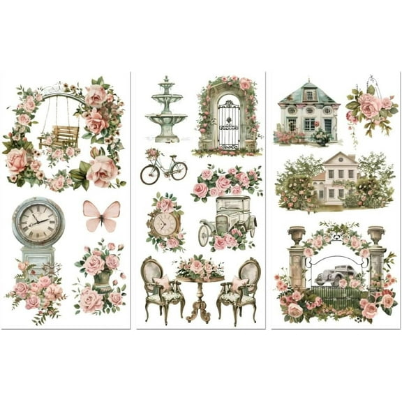 Rub on Transfer Decals for Furniture Crafts 6"x12" Vintage Buildings 3Pcs Waterproof UV Transfer Decals Sticker for Dresser Glass Porcelain Wood Plastic