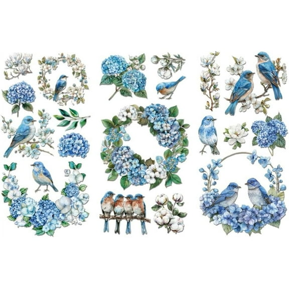 Rub on Transfer Decals for Furniture Crafts 6x12 3Pcs Blue Bird with Hydrangea Waterproof UV DTF Transfer Decals Sticker for Dresser Lingerie Chests Drawer Glass Porcelain Wood
