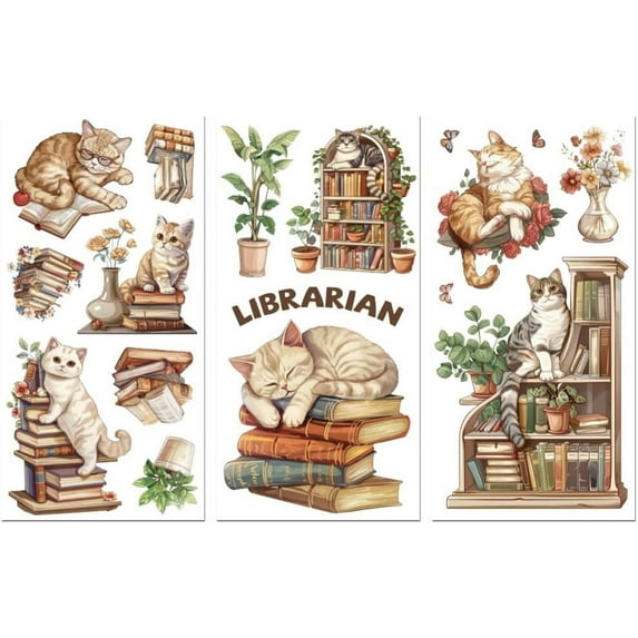 Rub on Transfer Decals for Furniture Crafts Cat and Book 6"x12" 3Pcs Waterproof UV DTF Transfer Decals Sticker for Dresser Lingerie Chests Drawer Glass Porcelain Wood Plastic