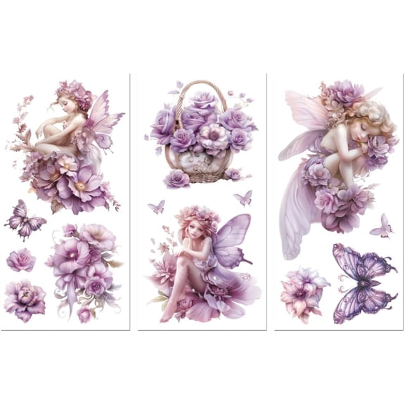 Rub on Transfer Decals for Furniture Crafts Decor 6"x12" 3Pcs Fairy and Flower Waterproof UV DTF Transfer Decals Sticker Wood Plastic Material Plastic