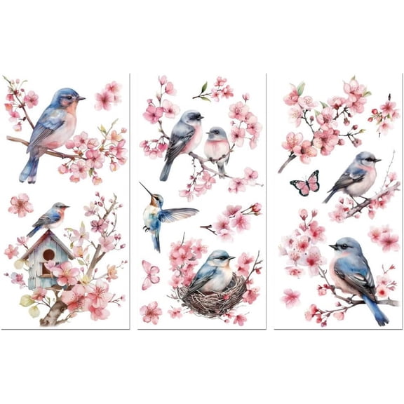 Rub on Transfer Decals for Furniture Crafts Decor 6"x12" Cherry Blossom and Bird 3Pcs Waterproof UV DTF Transfer Sticker for Lingerie Chests Drawer Dresser Glass Porcelain Wood Plastic colorful