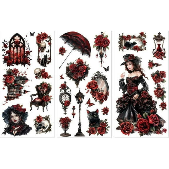 Rub on Transfer Decals for Furniture Crafts Decor Gothic 6"x12" 3Pcs Waterproof UV DTF Transfer Decals Sticker for Dresser Lingerie Chests Drawer Glass Porcelain Wood Plastic Mixed Color