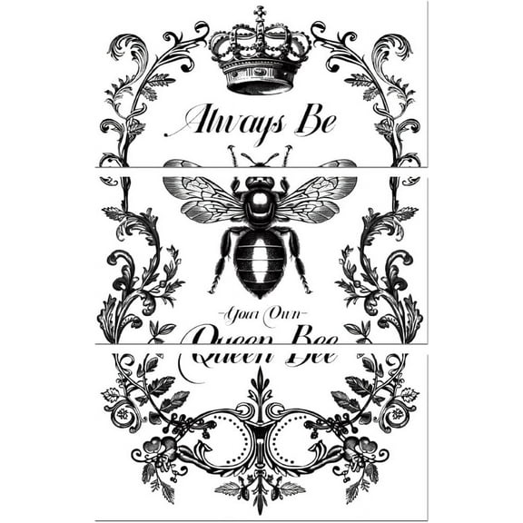 Rub on Transfer Decals for Furniture Crafts Decor Vintage Black and White Queen Bee 6"x12" 3Pcs Waterproof UV DTF Transfer Sticker for Lingerie Chests Drawer Dresser Glass Wood Plastic DIY