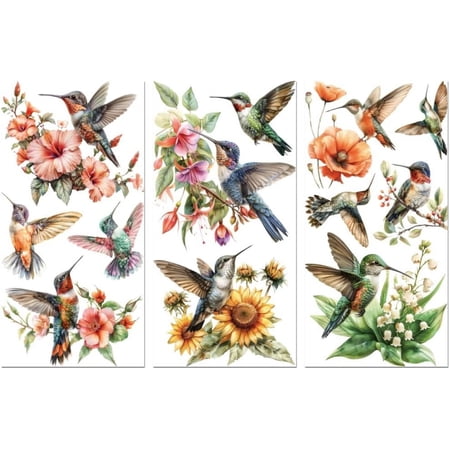 Rub on Transfer Decals for Furniture Crafts Letter 6"x12" 3Pcs Waterproof UV Transfer Peel and Stick Sticker for Dresser Glass Porcelain Paper Wood Cloth Decor(Hummingbird and Flower) colorful
