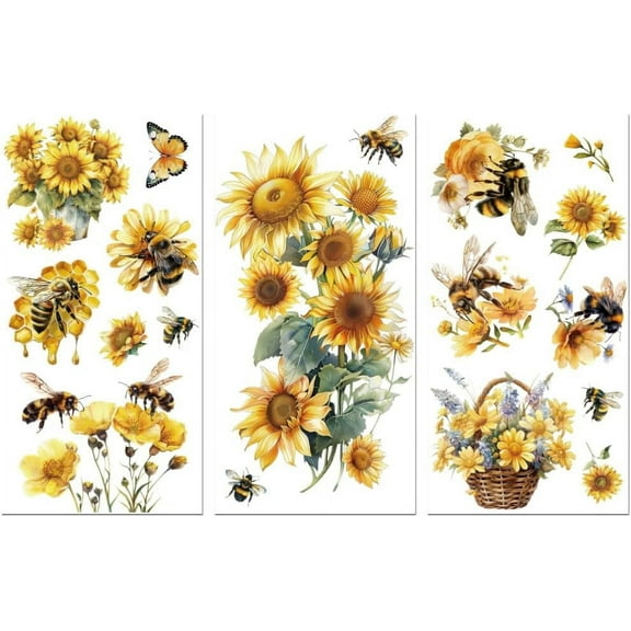 Rub on Transfer Sticker for DIY Furniture Crafts Decor 6"x12" Bees and Sunflowers 3Pcs Waterproof UV DTF Transfer for DIY Lingerie Chests Drawer Dresser Glass Porcelain Wood Plastic