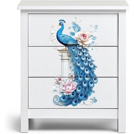 Rub on Transfer Sticker for Furniture Crafts Decor 6"x12" Blue Peacock and Flowers 3Pcs Waterproof UV DTF Transfer for Lingerie Chests Drawer Dresser Glass Porcelain Wood Plastic Mixed Color