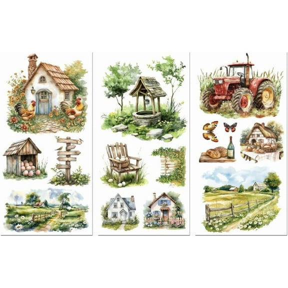 Rub on Transfer Sticker for Furniture Crafts Decor 6"x12" Countryside and Farmhouse 3Pcs Waterproof UV DTF Transfer for Lingerie Chests Drawer Dresser Glass Porcelain Wood Plastic for DIY