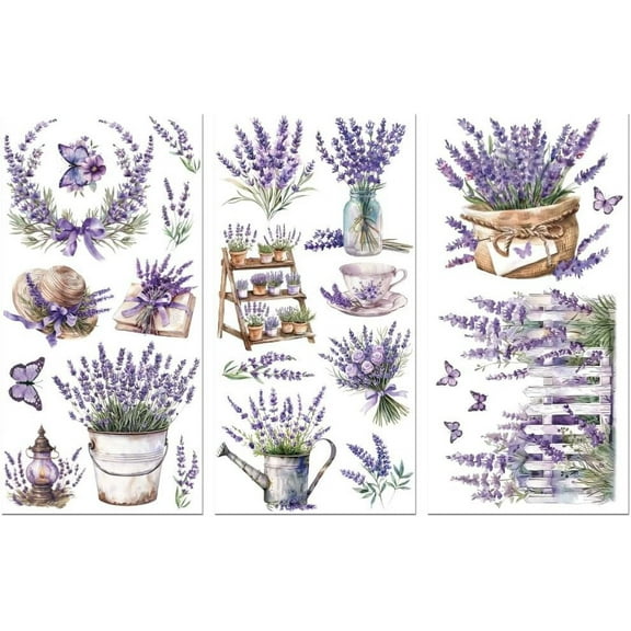 Rub on Transfer Sticker for Furniture Crafts Decor 6"x12" Purple Lavender Flowers 3Pcs Waterproof UV DTF Transfer for Lingerie Chests Drawer Dresser Glass Porcelain Wood Plastic