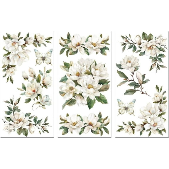 Rub on Transfer Sticker for Furniture Crafts Decor 6"x12" White Magnolia Corner 3Pcs Waterproof UV DTF Transfer for Lingerie Chests Drawer Dresser Glass Porcelain Wood Plastic