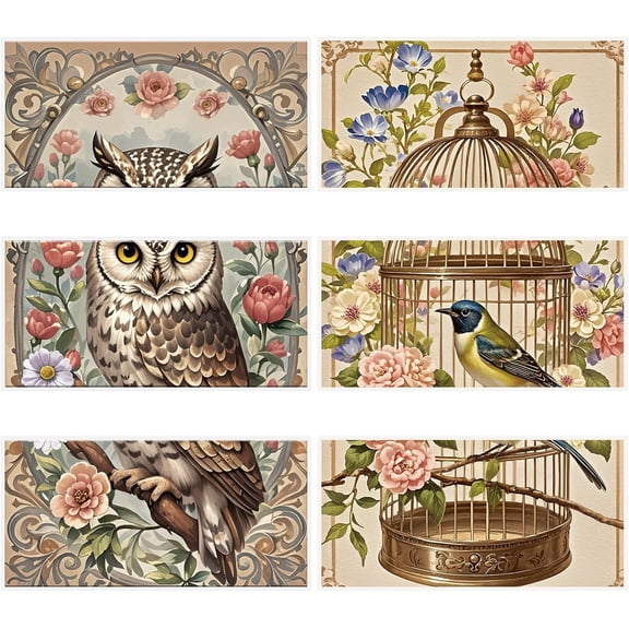 Rub on Transfers for Crafts, 6 Sheets 15cmx30cm/5.91 * 11.81in Vintage Floral Owl Bird Collage Patterns Waterproof UV DTF Furniture Transfer Stickers for DIY Crafts Wood Glass Farbic