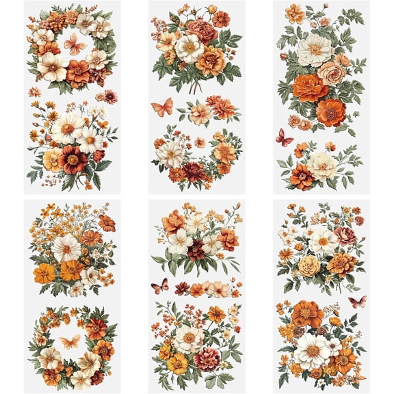 Rub on Transfers for Crafts, 6 Sheets 15cmx30cm/5.91 * 11.81in Vintage Orange Floral Patterns Waterproof UV DTF Furniture Transfer Stickers for DIY Crafts Wood Glass Farbic