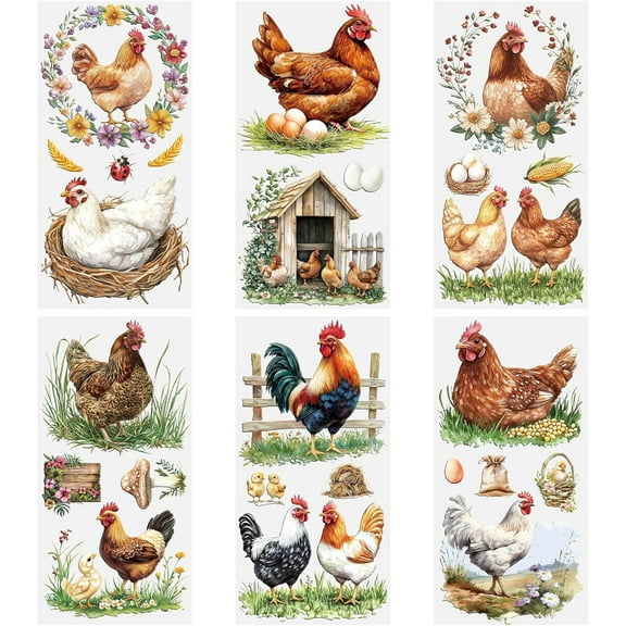 Rub on Transfers for Crafts, 6 Sheets Chickens Rub on Transfers 15cmx30cm/5.91 * 11.81in UV DTF Waterproof Furniture Transfer Stickers for DIY Crafts Wood Glass Farbic