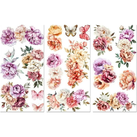 Rub on Floral Transfer Decals for Furniture Crafts 6"x12" 3Pcs French Peonies Waterproof UV Transfer Decals Sticker for Dresser Glass Porcelain Wood