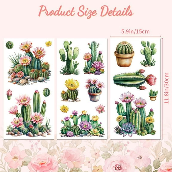 Rub on Transfer Decal Sticker for Furniture Craft Decor 6"x12" Cactus 3Pcs Waterproof UV DTF Transfer for Drawer Dresser Glass Porcelain Wood Plastic