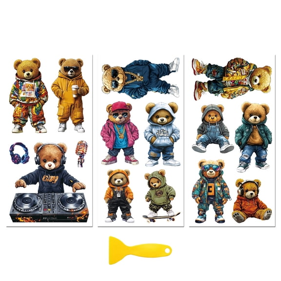 Rub on Transfer Decal Sticker for Furniture Craft Decor 6"x12" Cool Teddy Bear 3Pcs Waterproof UV DTF Transfer for Drawer Dresser Glass Porcelain