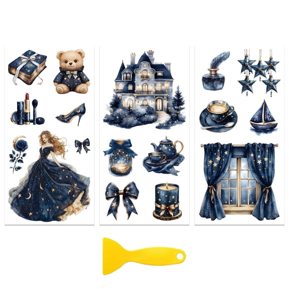 Rub on Transfer Decal Sticker for Furniture Craft Decor 6"x12" Navy Blue Style 3Pcs Waterproof UV DTF Transfer