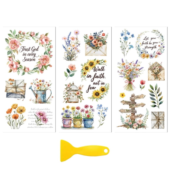 Rub on Transfer Decal Sticker for Furniture Craft Decor 6"x12" Simple Flowers and Letters 3Pcs Waterproof UV DTF Transfer