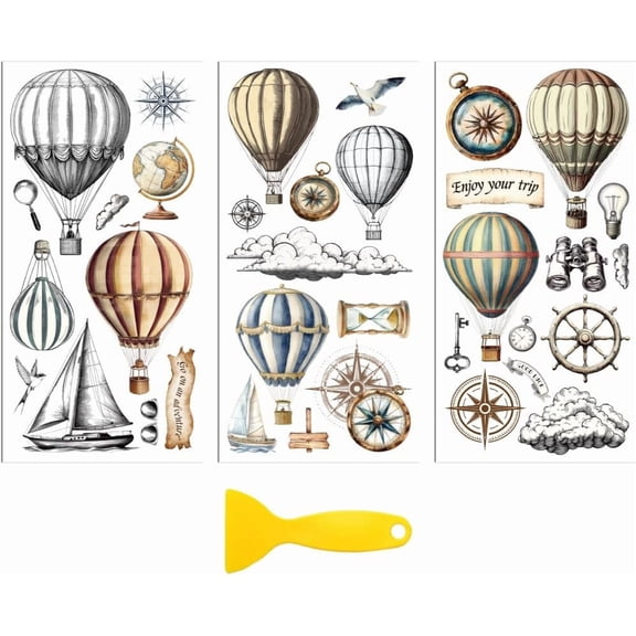 Rub on Transfer Decal Sticker for Furniture Craft Decor 6"x12" Vintage Hot Air Balloon and Compass 3Pcs Waterproof UV DTF Transfer