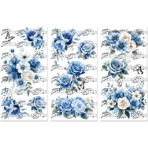Rub on Transfer Sticker for Furniture Crafts Decor 6"x12" Blue Flowers and Music Notation 3Pcs Waterproof Glass Porcelain Wood Plastic
