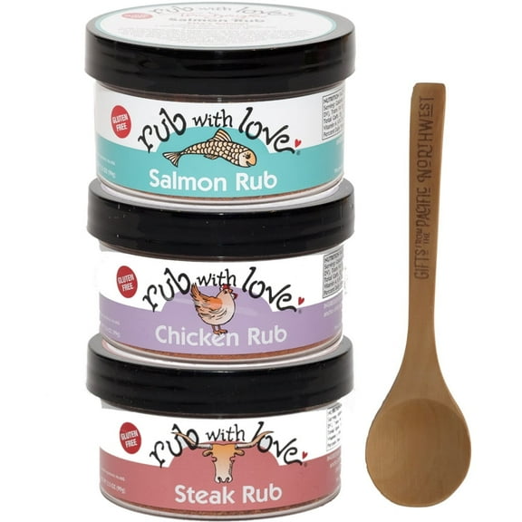 Rub with Love BBQ Spice Seasoning Rub Bundle - Salmon, Chicken, Steak Jars with Tasting Spoon by Gifts from the Pacific Northwest