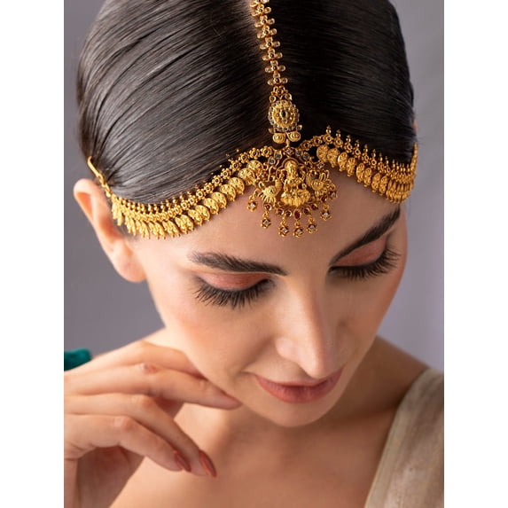 Rubans Exquisite 24k Gold-Plated AD Studded Temple Maangtikka Damini - Traditional Indian Hair Accessory for Women