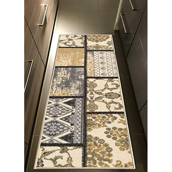 Rubber Backed 22" x 8' Grey & Ivory Fancy Patchwork Runner Non-Slip Rug - Rana Collection Kitchen Dining Living Hallway Bathroom Pet Entry Rugs RAN2074-28