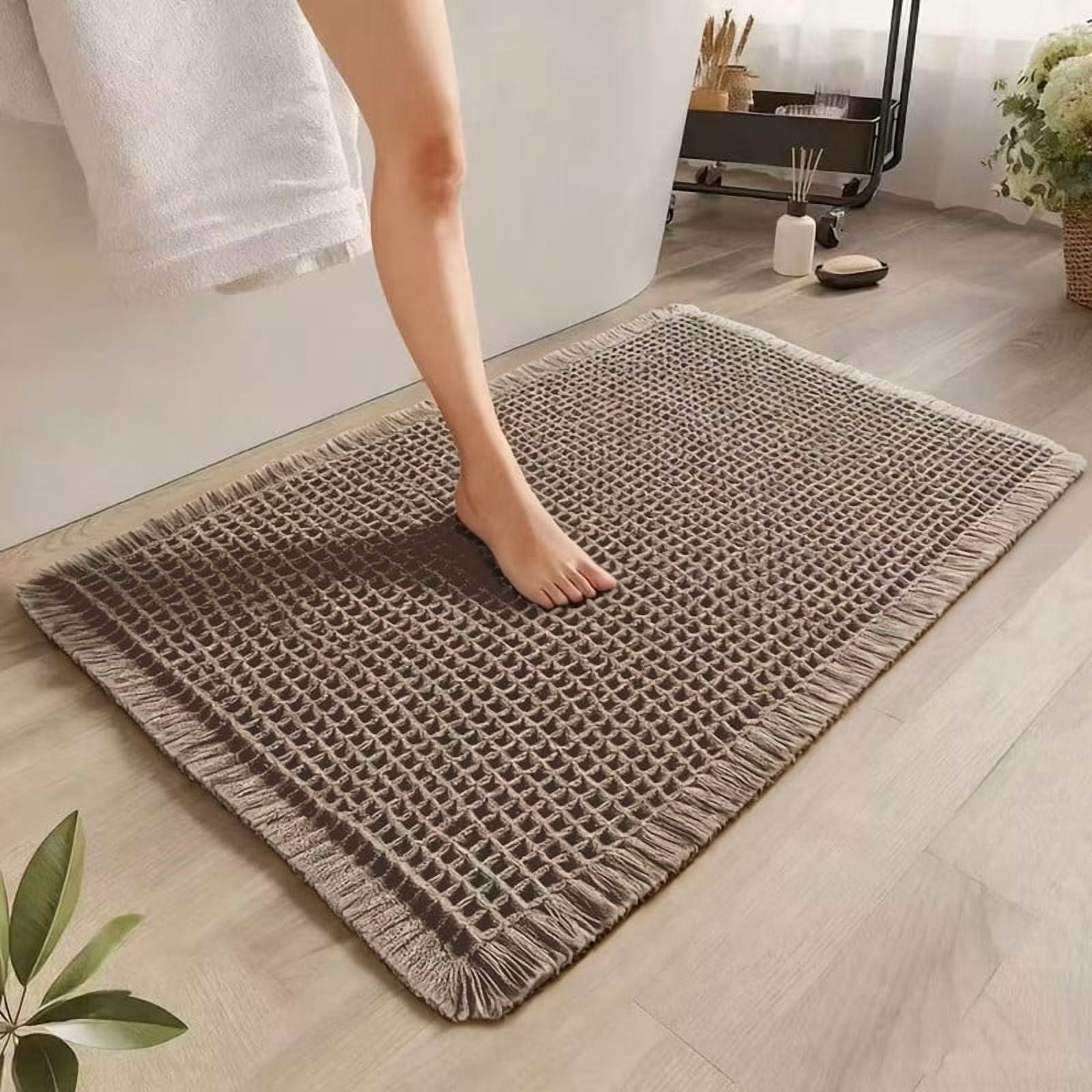 Rubber Backed Mat: Upgraded Waffle Bath Mat ， Non-Slip Washable Pet Rug & Bathroom Rugs with Tassels, Machine Washable Indoor Mat, Ultra Soft, 24"x36" Brown