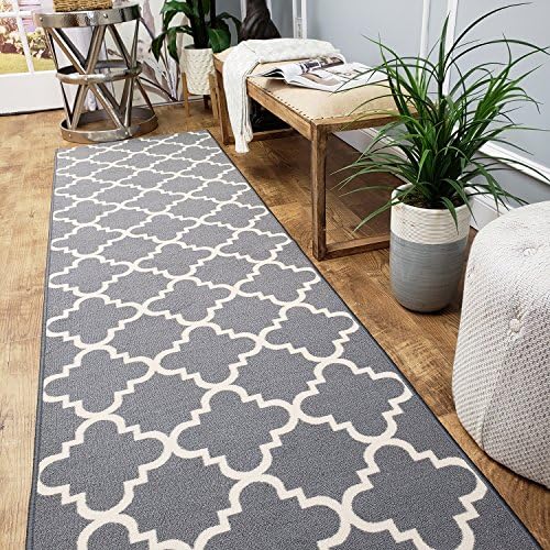 Rubber Backed Runner Rug, 22 X 60 Inch, Trellis Grey, Non Slip, Kitchen Rugs And Mats