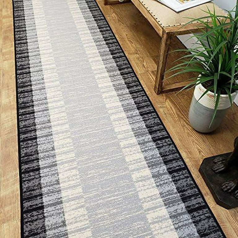 Rubber Backed Runner Rug, 22 X 84 Inch, Grey Border Striped, Non