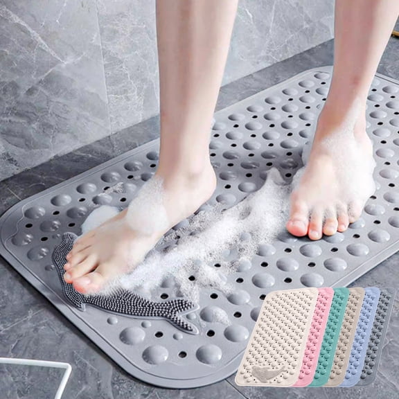 Rubber Bath Mat with Suction Cups, Non-Slip Bathtub Shower Floor Rug, Massage Soles of Feet Scrubber, Quick Dry Bathroom Mat for Wet Areas, Durable Washable Kitchen Laundry Room Floor Mat