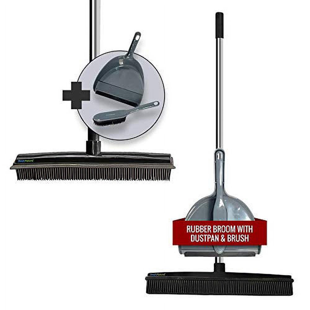 Rubber Bristle Broom and Rubber Squeegee Snap on Dustpan Set with