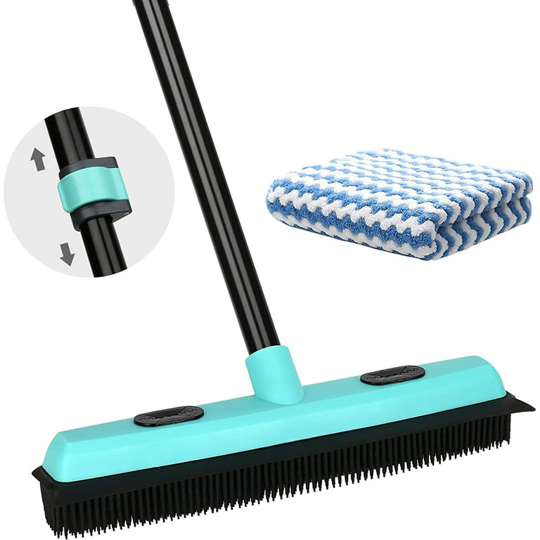 Rubber Broom Carpet Rake for Pet Hair Removal, Fur Remover Broom with 59  Telescoping Long Handle, Pet Hair Broom with Squeegee for Carpet, Hardwood