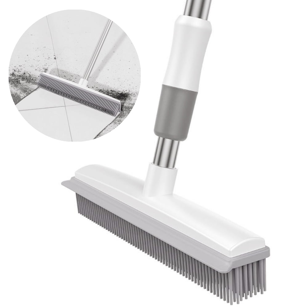 Rubber Broom with Built in Squeegee, Adjustable Long Handle Rubber Push