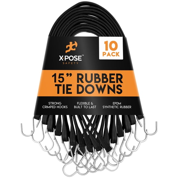 Rubber Bungee Cords with Hooks 10 Pack 15 Inch (27â€ Max Stretch) - Heavy-Duty Black Tie Down Straps for Outdoor, Tarp Covers, Canvas Canopies, Motorcycle, and Cargo - by Xpose Safety