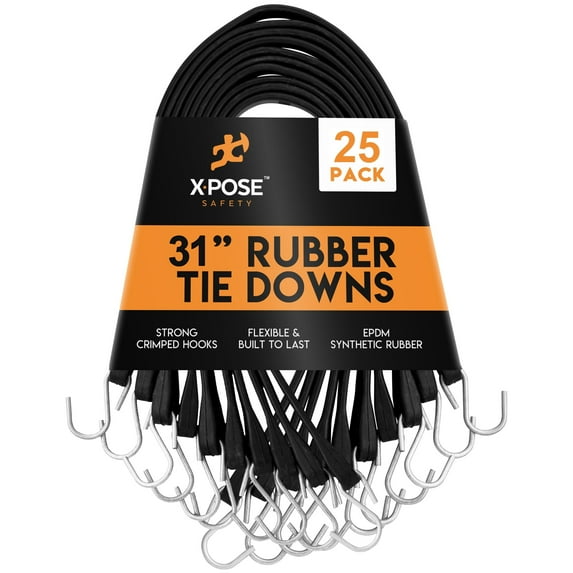 Rubber Bungee Cords with Hooks 31 inch 25 Pack (47" Max Stretch) EPDM Heavy-Duty Black Tie Down Straps for Outdoor, Tarp Covers, Canvas Canopies, Motorcycle, and Cargo - by Xpose Safety