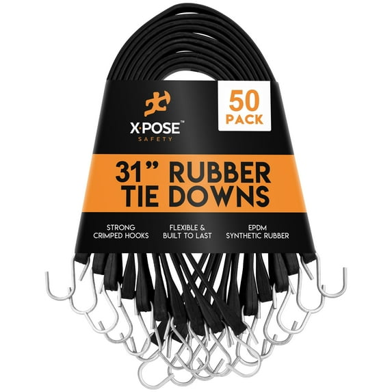 Rubber Bungee Cords with Hooks 31 inch 50 Pack (47" Max Stretch) EPDM Heavy-Duty Black Tie Down Straps for Outdoor, Tarp Covers, Canvas Canopies, Motorcycle, and Cargo - by Xpose Safety