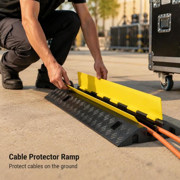 Rubber Cable Protector Ramp, 2 Channel Wire Cover, 22,000 Lbs/Axle Load Capacity, Black and Yellow Heavy Duty Design