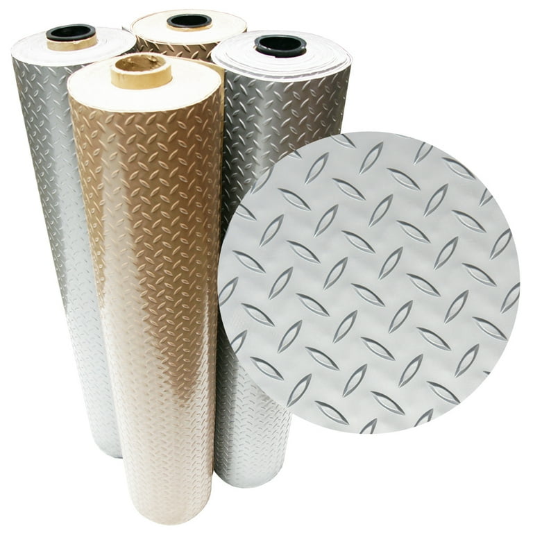 Rubber-Cal Diamond-Plate Metallic 4 ft. x 25 ft. Silver PVC Flooring (100 sq. ft.) Rubber-Cal Diamond-Plate Metallic 4 ft. x 25 ft. Silver PVC Flooring (100 sq. ft.)