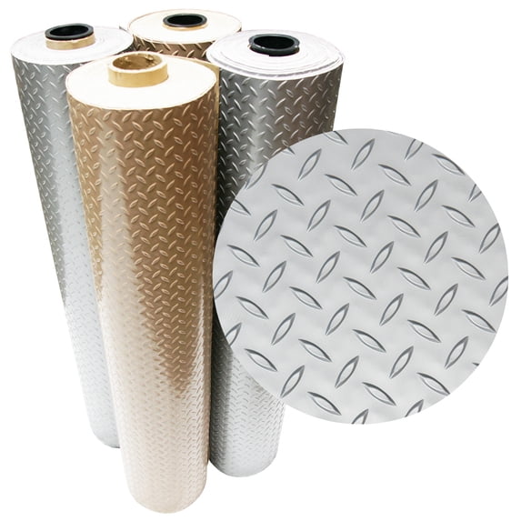 Rubber-Cal "Diamond-Plate Metallic" PVC Flooring - 2.5 mm x 4 ft x 8 ft - Silver