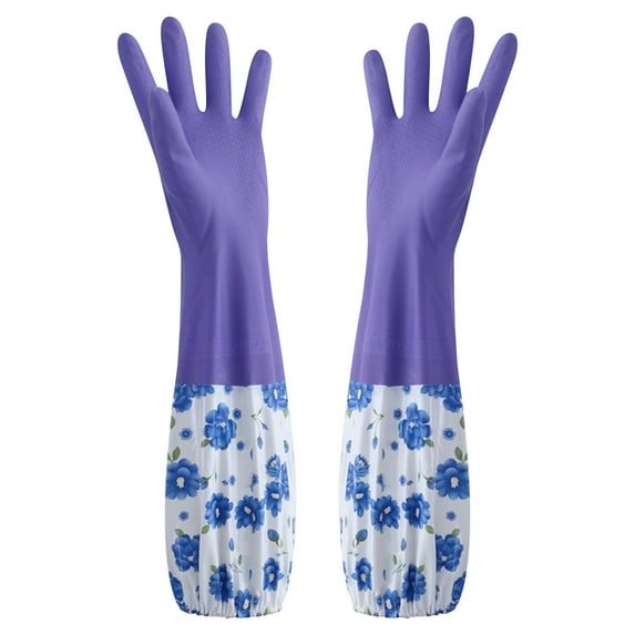 Rubber Cleaning Gloves for Dishwashing, 1 Pairs Reusable Kitchen Gloves for Washing Dishes and Household Cleaning, Floral Dish Gloves with Non-Slip Grip, Pefect for Woman Men