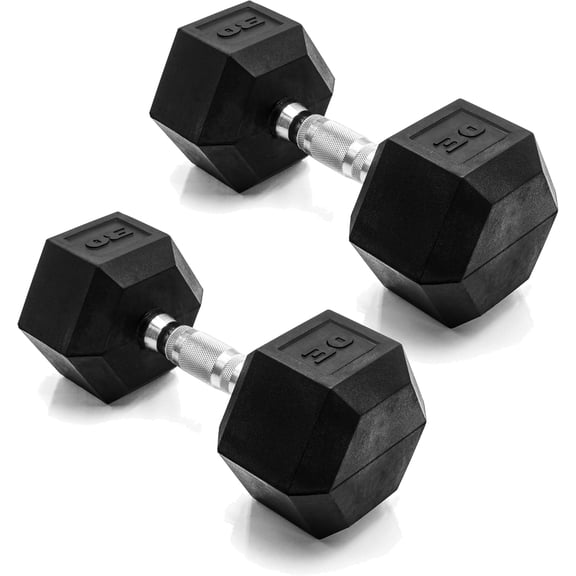 Rubber Coated Dumbbell Weights, Free Weights for Home Gym Strength Training, Anti-Roll Hex Dumbbells with Black, Chrome & Comfort Grip Handles, Pairs & Sets