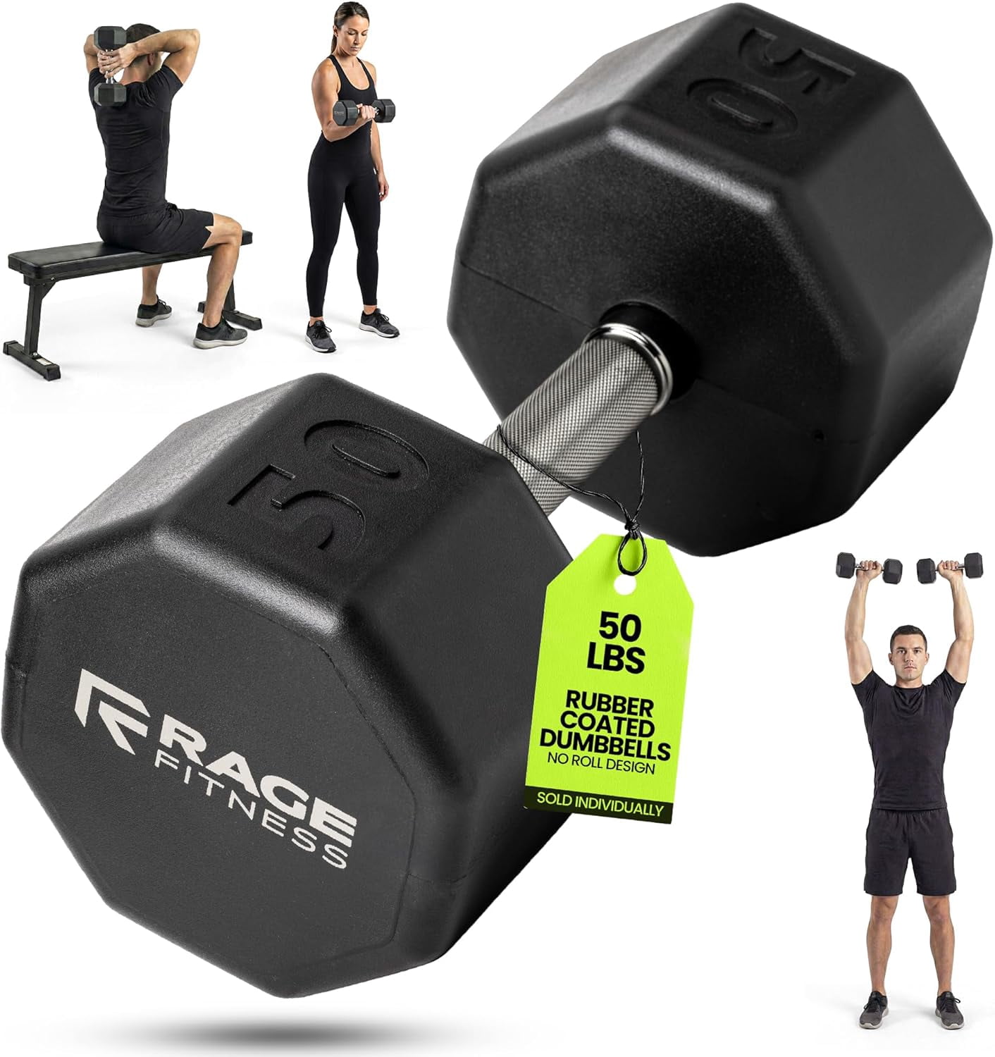 Rubber Coated Dumbbells - No Roll Design Easy-Grip Steel Knurled Handle, Weights Dumbbells Set for Strength Training - Ideal Weights Set for Home Gym - 10-60 LBS SOLD INDIVIDUALLY
