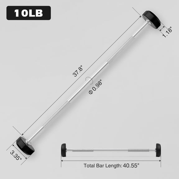 Rubber Coated Fixed Barbell 10LB, Solid Steel Weighted Bar for Strength Training, Bodybuilding & Home Gym