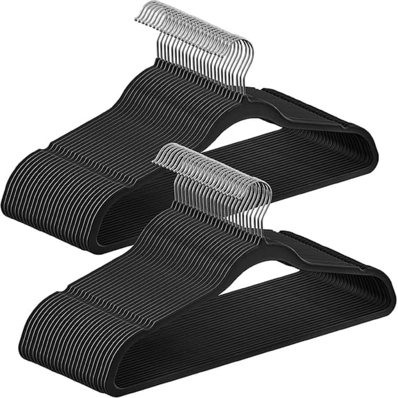 Rubber-Coated Plastic Hangers - 50 Pack Space-Saving Slim Non-Slip Coat Hangers with 360 Degree Swivel Hooks and Shoulder Notches, Black