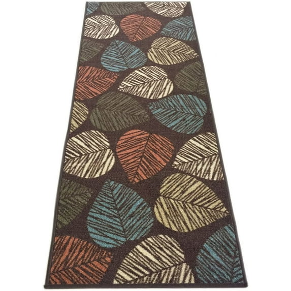 Rubber Collection Leaves Floral Design Multi-Color Rug Runner Printed Slip Resistant Rubber Back Latex Contemporary Modern 2 x 7 Runner Rug (Brown Multi Leaves, 23"x7')